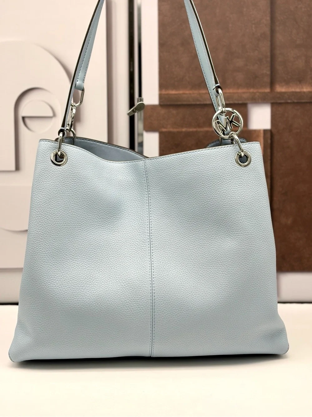 Michael Kors Christina Large Pebbled Leather Shoulder Tote Bag  Pale Ocean NWT
